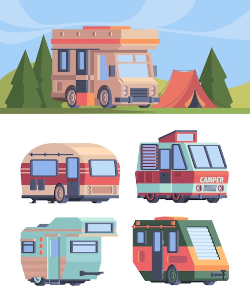 Camper van. Vector explorer truck vehicle for travellers motorhomes vector set in flat style. Illustration travel camper auto, van motor home for traveler