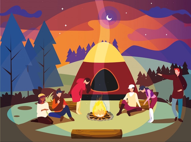 Vector campers in camping zone with tent and campfire night scene