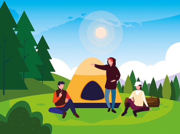 Campers in camping zone with tent day landscape