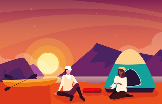 Vector campers in camping zone with tent sunset scene