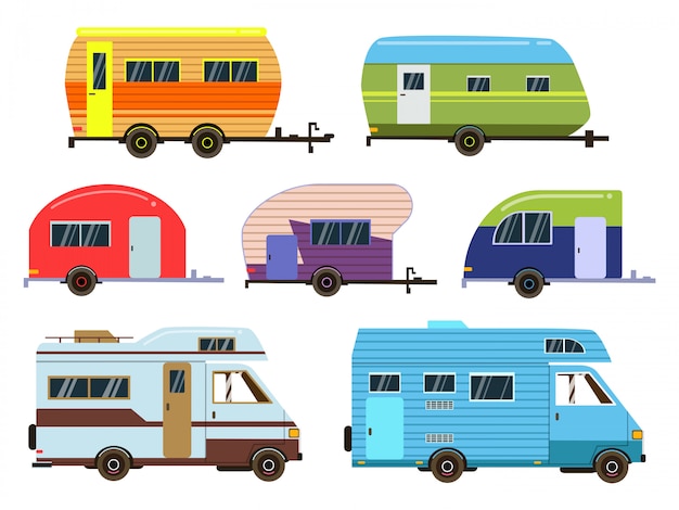 Campers cars set. different resort trailers. vector pictures in flat style