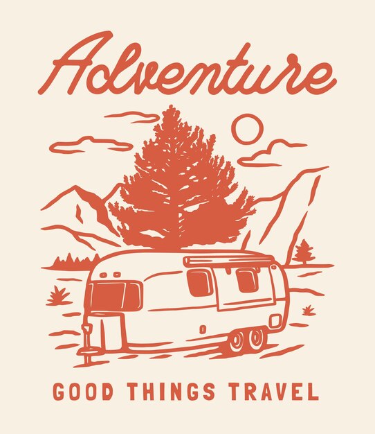 Campervan outdoor adventure hand drawn line adventure illustration Logo Badge