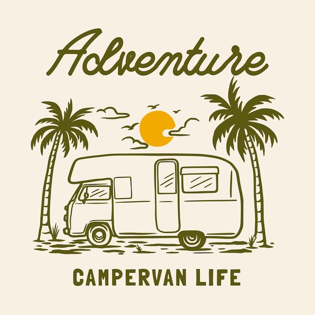 Vettore camper all'aperto avventura linea disegnata a mano illustrazione avventura logo badge