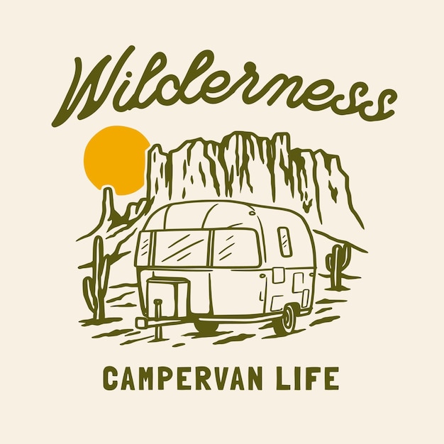 Campervan outdoor adventure hand drawn line adventure illustration Logo Badge