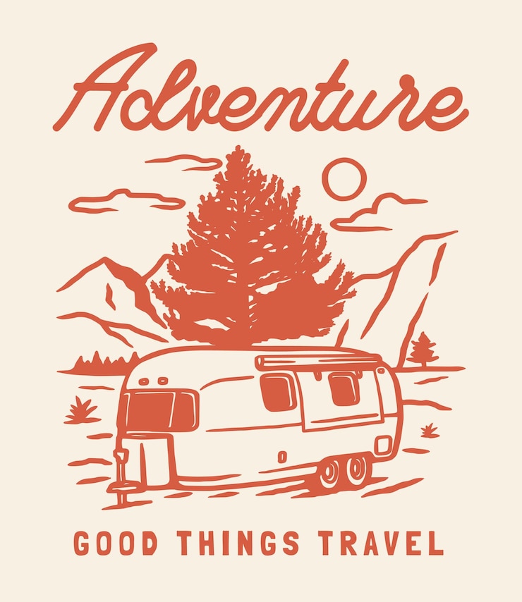 Vector campervan outdoor avontuur handgetekende lijn avontuur illustratie logo badge