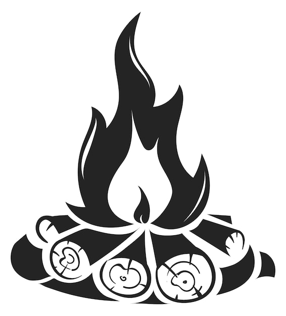 Vector campfire black icon fire flame on firewood bonfire symbol