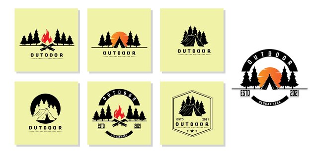 Campfire camp logo design outdoors at night mountain climber vector illustration in the forest