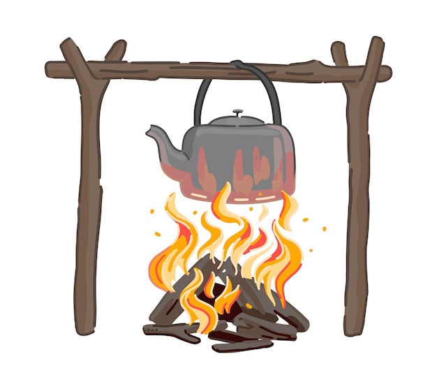 Vector campfire doodle clipart of kettle over the fire cartoon vector illustration isolated on white