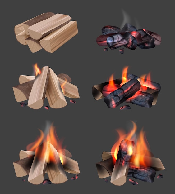 Campfire flame Outdoor camping realistic collection with bonfire bright burning fire decent vector illustrations set