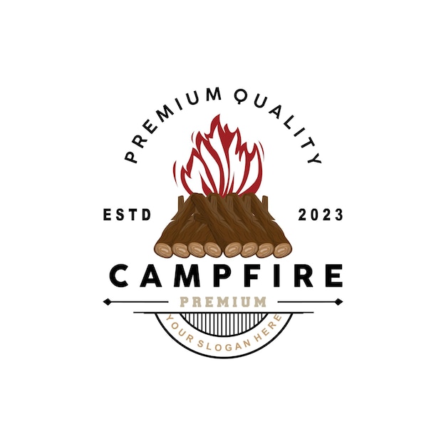 Campfire Logo Design Bonfire Vector Adventure Camp Outdoor Wood Flame Vintage Retro Illustration