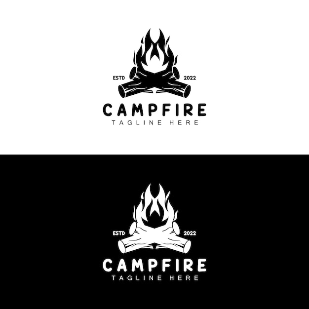 キャンプファイヤーのロゴデザイン キャンプのベクトルの薪の火と森のデザイン