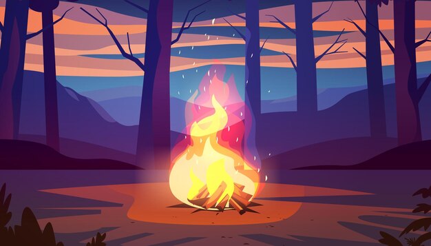 Campfire in night forest hiking camping concept