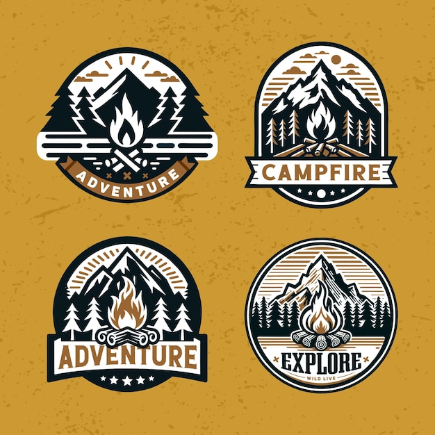 Vector campfire outdoor adventure emblem logo ontwerpen met handgetekende stijl