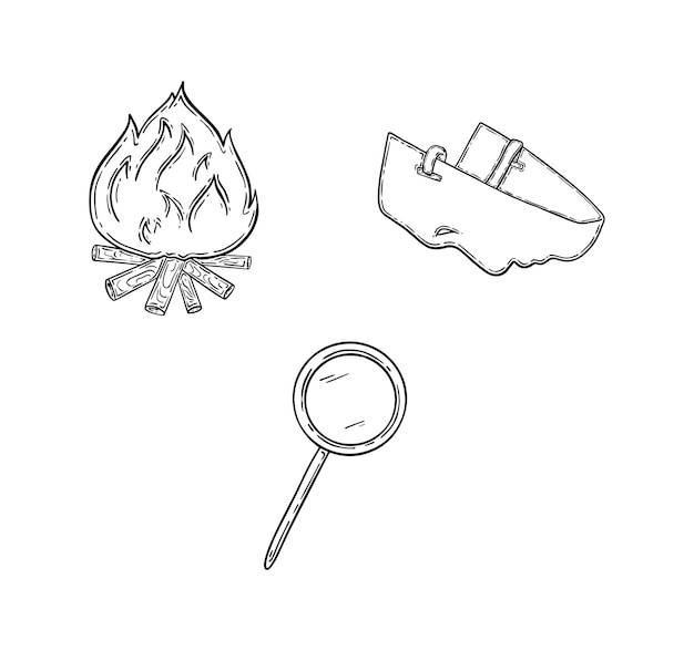 Campfire set with logs face mask and magnifier doodle linear cartoon coloring