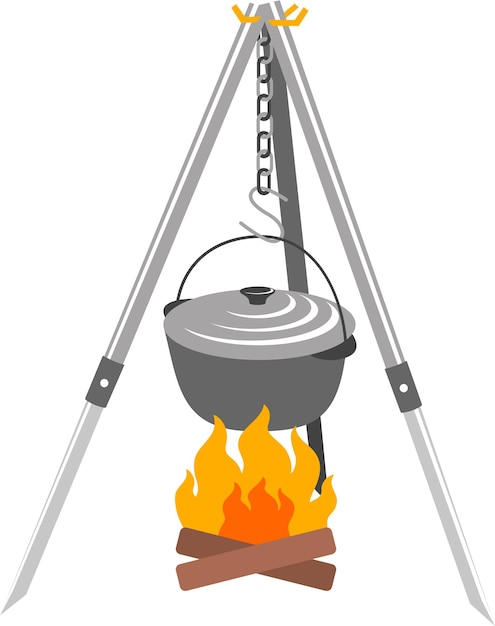 Campfire Tripod Touristic Pot on Campfire Isolated Icon in Flat Style Vector Illustration