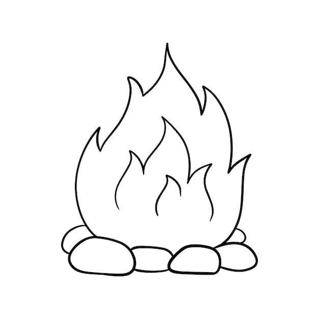 Campfire with stones and lit fire doodle linear cartoon coloring book