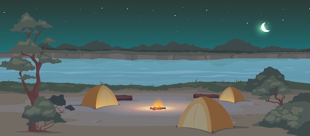 ベクトル 夜のキャンプ場フラットカラー。自然の中でのレクリエーション。夏のアクティブレジャー。キャンプの旅。背景に真夜中の川と森のテント2d漫画の風景