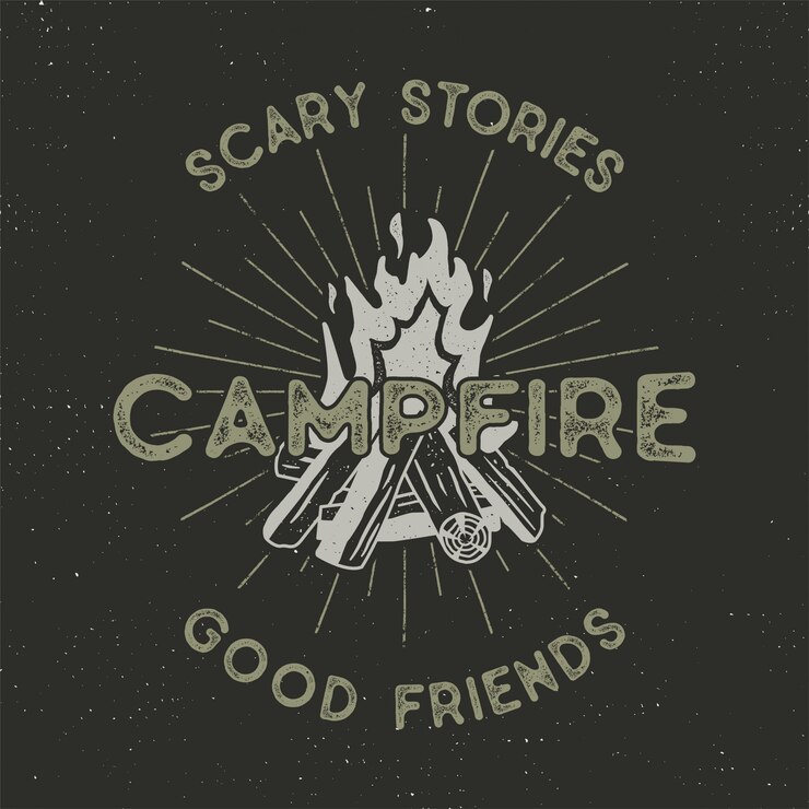 Campifire design. Hand drawn vintage emblem with texts, textured campfire and sunbursts design. Letterpress effect. outdoors adventure illustration isolated on dark.