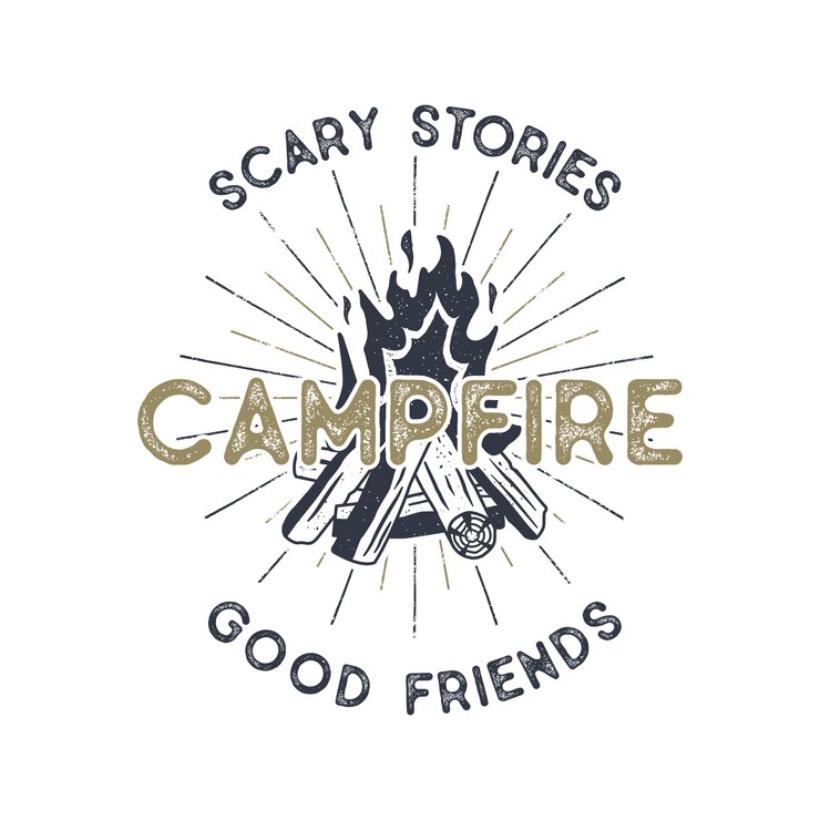 Campifire design. Hand drawn vintage emblem with texts, textured campfire and sunbursts design. Letterpress effect. outdoors adventure illustration isolated