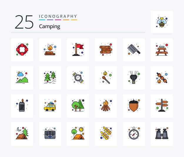ベクトル ピクニック ナイフの場所のキッチン ウッドを含むキャンプ 25 行いっぱいのアイコン パック