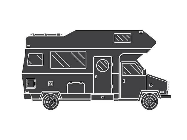 Camping aanhangwagen familie caravan Reiziger vrachtwagen camper overzicht pictogram in dunne lijn ontwerp Vector platte vakantie RV illustratie geïsoleerd op een witte achtergrond