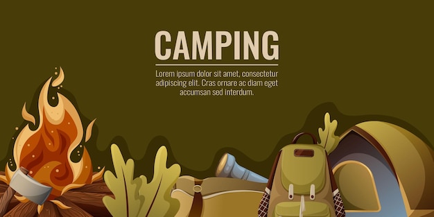 Camping achtergrond vector illustratie tent zaklamp mat eiken bladeren bijl reizen rugzak