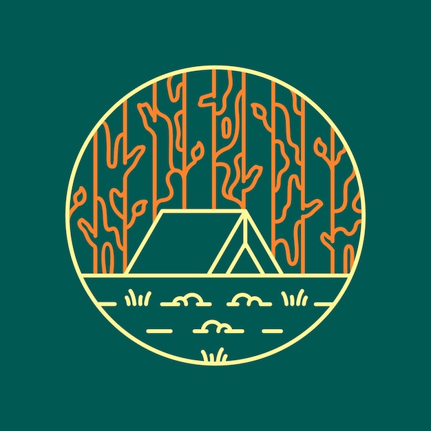 Vector camping addict in the middle forest wildlife monoline illustration
