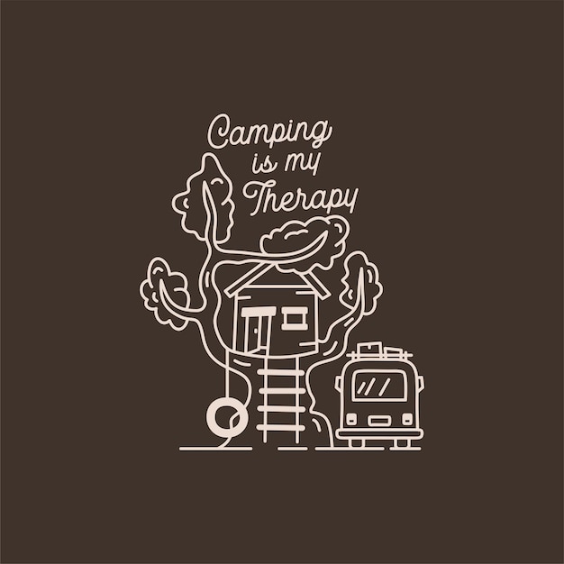 Camping adventure badge design in line art style Summer outdoors t shirt graphics with quote Camping is my therapy Stock vector logo label