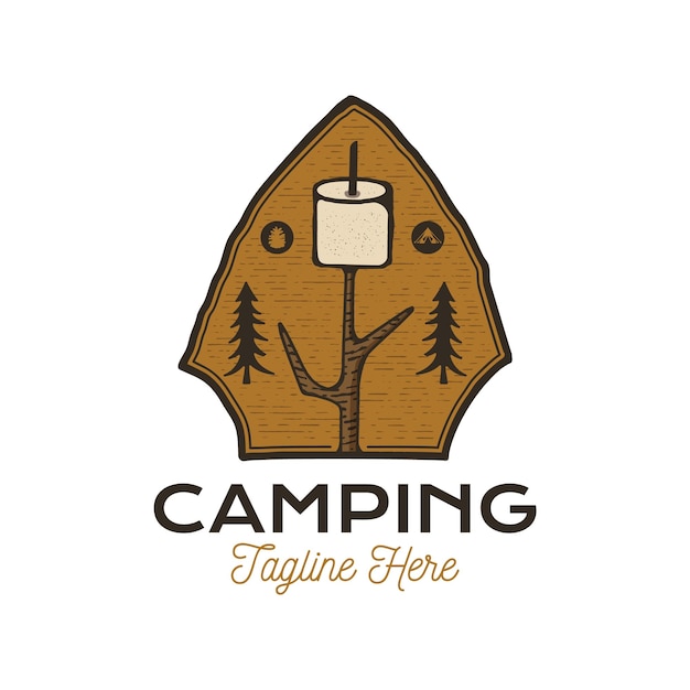 Camping Adventure badge design with trees and marshmallow Travel logo graphics Stock vector hiking label