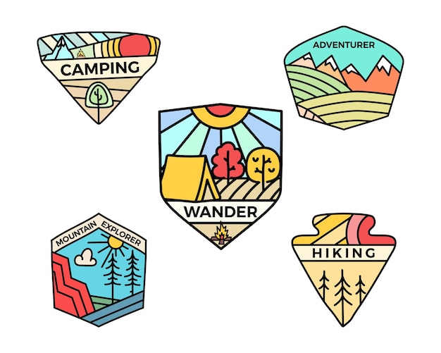 Camping adventure badges logos set, vintage summer travel emblems. vector