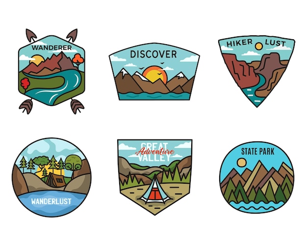 Vector camping adventure badges logos set, vintage travel emblems. hand drawn stickers designs bundle