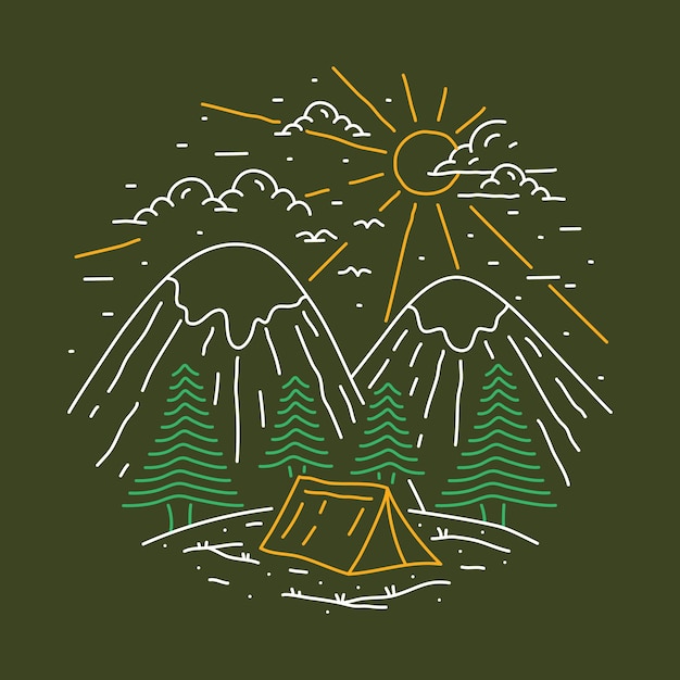 Avventura in campeggio nel design della t-shirt con illustrazione grafica della linea della foresta