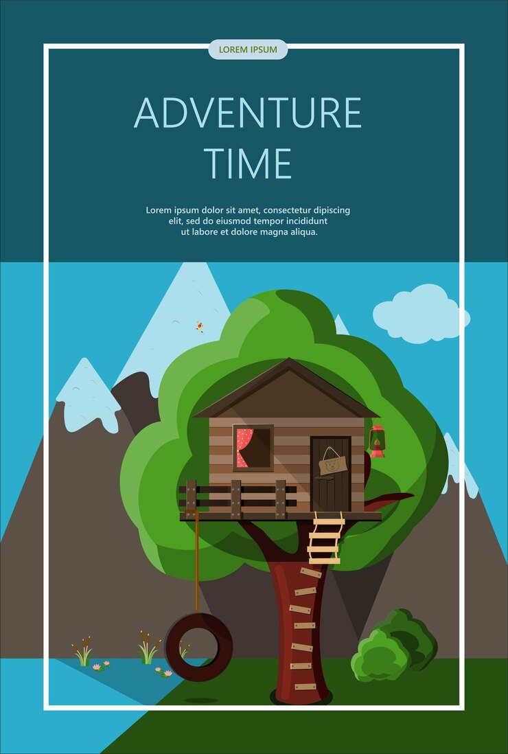 Vector camping adventure time vector illustration banner with flat equipment for hiking cartoon flayer