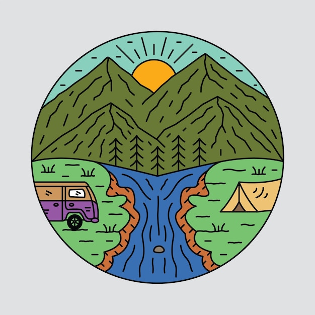 Campeggio e avventura con il disegno della maglietta di arte di vettore dell'illustrazione grafica del furgone