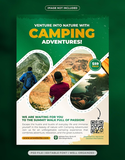 Vector camping adventures flyer design template