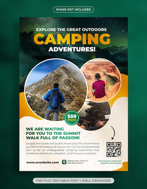 Vector camping adventures flyer design template