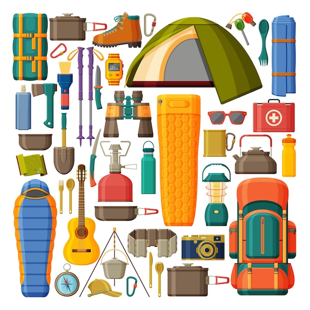 ベクトル キャンプおよびハイキング用品。テント、バックパック寝袋、パッド付きコレクション