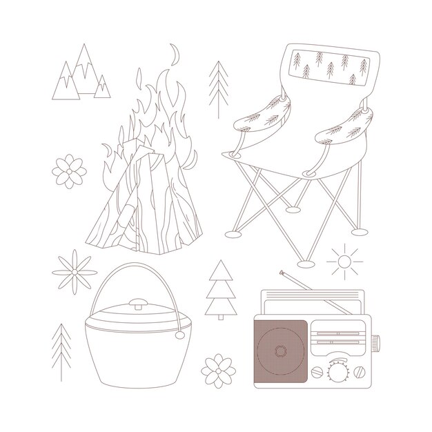 ベクトル キャンプやハイキングのセット描画要素大釜焚き火椅子ラジオ