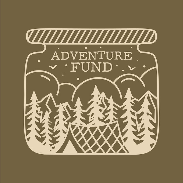 Camping avontuur badge ontwerp Outdoor crest logo met tent en bomen in de pot Reizen silhouet label geïsoleerd op donkere voorraad vector tattoo graphics embleem