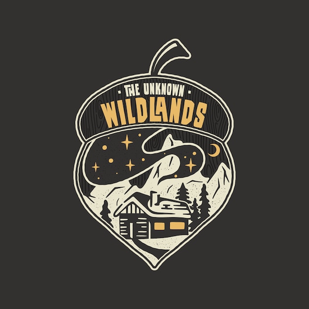 Progettazione dell'illustrazione della ghianda del distintivo di campeggio. logo da esterno con citazione - the wildlands unknown