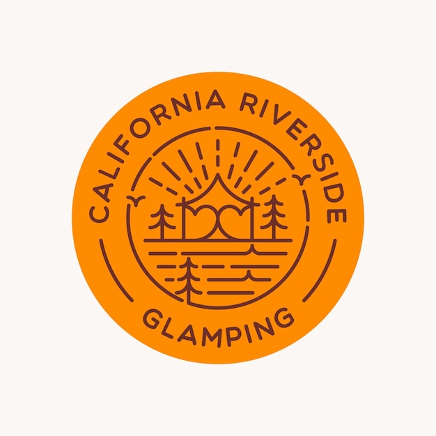 Camping badge logo design concept vector. camp with tipi tent in riverside logo template