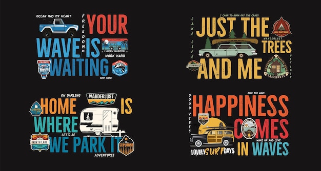 Camping badges ontwerpen set. outdoor avontuur logo's met verschillende citaten voor t-shirt. inclusief retro camperaanhanger, surf- en reislustpatches. ongewone hipsterstijl. voorraad vector.