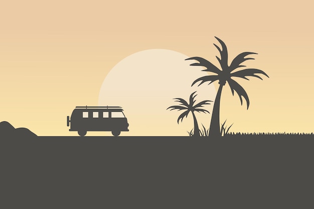 Camping sulla spiaggia paesaggio panoramico illustrazione silhouette di alberi di cocco e camper viaggiando in camper nella notte illuminata dalla luna