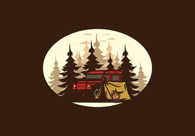 Camping beside the car in the forest illustration