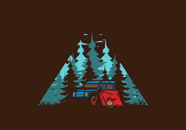 Vector camping beside the car in the forest illustration