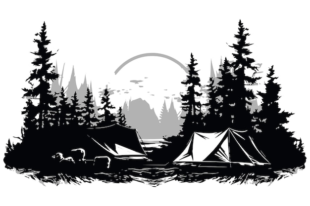 Camping black silhouette vector artwhite background