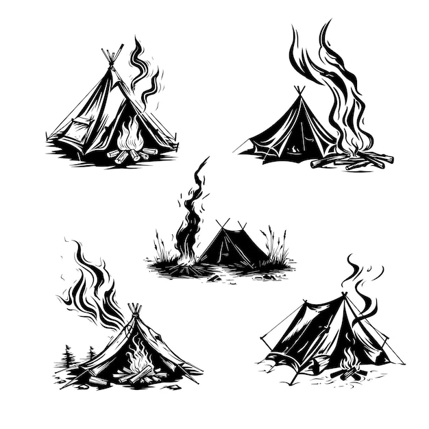 Vector camping black and white vector illustration poster with hand drawn campfire flame and burn