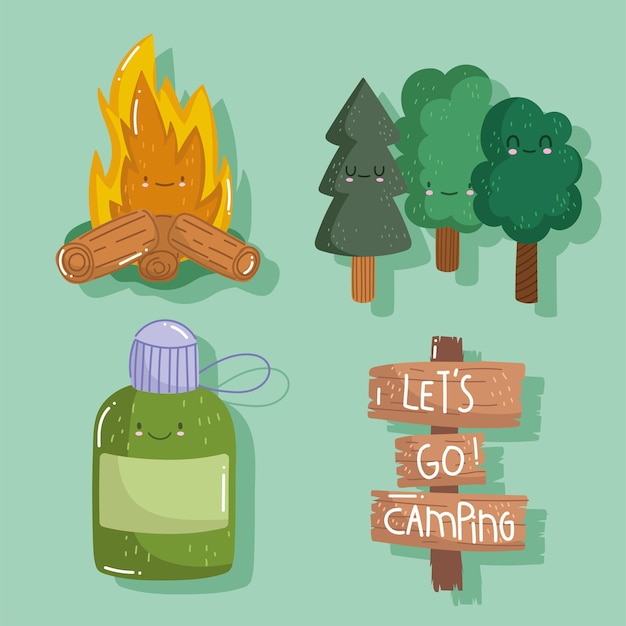 Camping bonfire water bottle forest trees in cartoon style  set