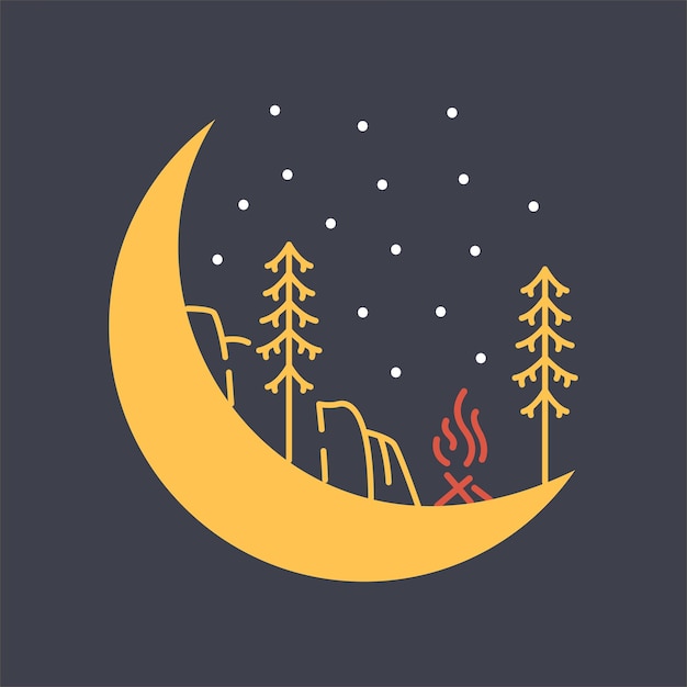 Camping by a Campfire on the Crescent Moon Illustration for Apparel