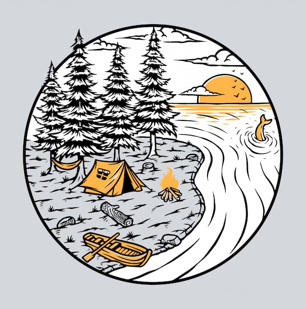 Camping by the lake illustration